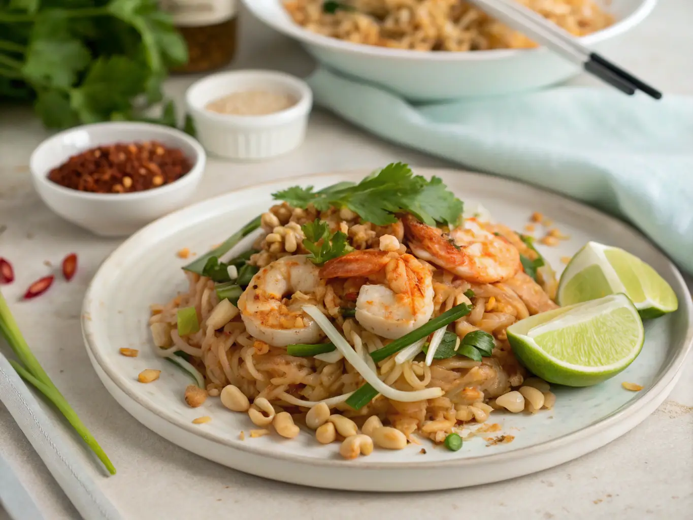 A close-up shot of Pad Thai noodles being expertly tossed in a wok, showcasing the vibrant colors and textures of the dish, with visible steam rising to emphasize the freshness and heat.