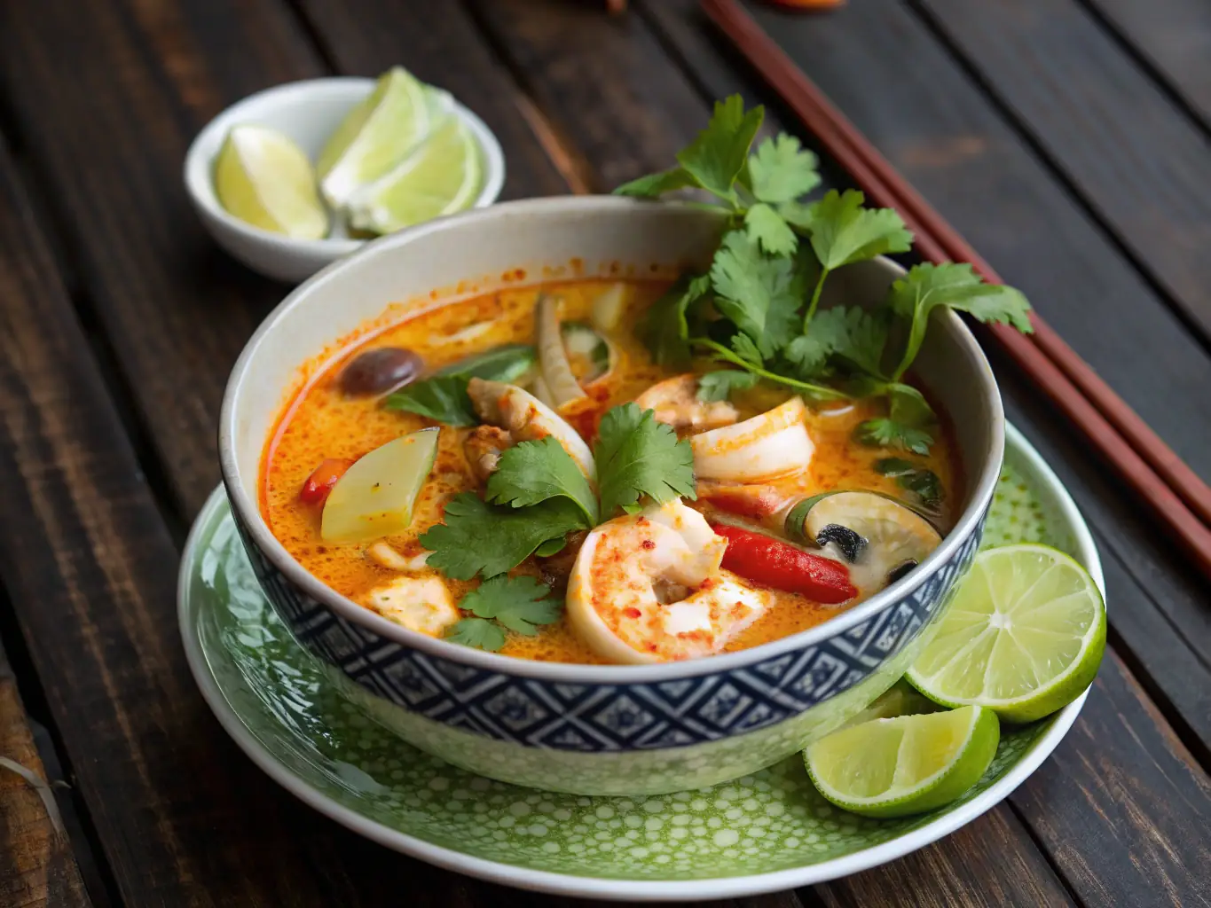 A vibrant image of a steaming bowl of Tom Yum soup, garnished with fresh herbs and spices, highlighting the rich and aromatic broth with visible ingredients like lemongrass, galangal, and chili peppers.