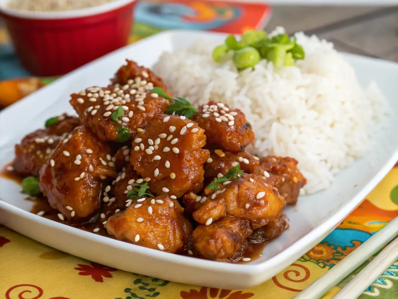 A visually appealing shot of General Tso's Chicken, showcasing the crispy, golden-brown chicken pieces coated in a glossy, sweet, and savory sauce, garnished with sesame seeds and served on a bed of steamed rice.
